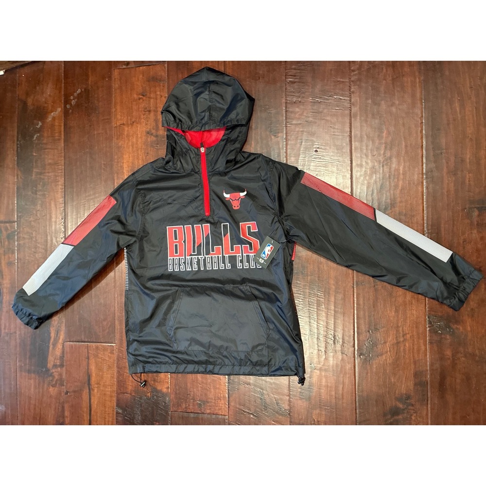 NBA Chicago Bulls Hooded Windbreaker Men Sm Black Red Quarter Zip Jacket